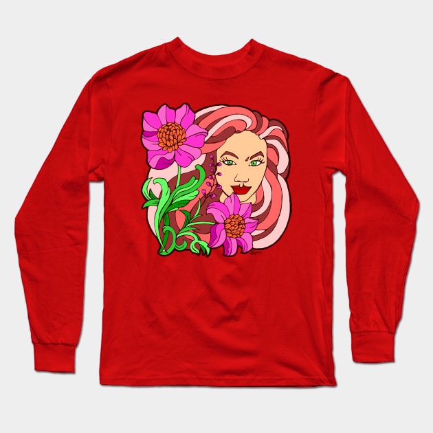 Bright Pink Blooms and Big Hair Portrait Long Sleeve T-Shirt by Julia Moon